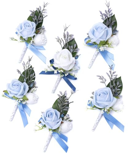 Fnize Blue Boutonniere for Men, 6 Pcs Groom Groomsmen Boutonnieres, Artificial Flowers for Wedding Prom Homecoming