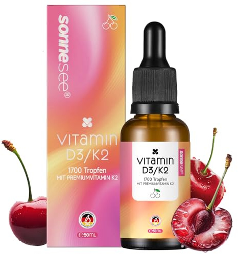 Sonnesee Vitamin D3/K2 Tropfen mit Kirschgeschmack – 1700 Tropfen (50 ml) – 99,7% All-Trans MK7 – hoch bioverfügbares D3 aus Flechten – vegan, laktosefrei, laborgeprüft