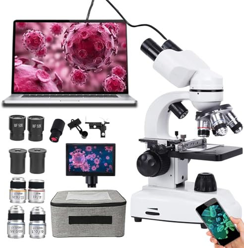 DHsdlpLU Professionelles Binokularmikroskop-Set, 5-Zoll-HD-Display + Elektronisches Okular + Handyhalter, Mit 185 Achromatischer Objektivlinse Akku USB-Netzteil,30000X