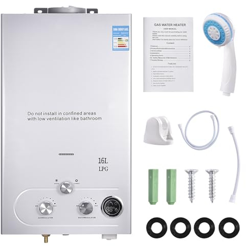 Calentador de agua a gas GLP de 16L, 32KW Propano Butano Calentador de agua de paso Super Baja presión de inicio de agua de 0,5 bar, para ducha y uso diario en excursiones de camping