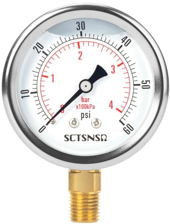 SCTSNSR 2-1/2 Dial Size, 0-60 Psi Low Pressure Gauge, Glycerin Liquid Filled, 1/4 NPT Lower Mount, Stainless Steel Case, for Pool Sand Filter, Water Pump, Propane, Coolant, CO2, Gas Pressure Test