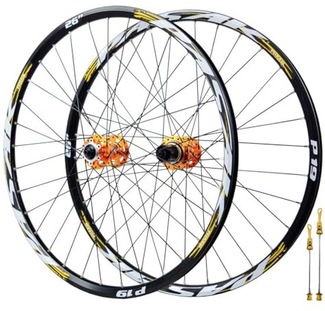 QHYRZE 26 27,5 29 Juego De Ruedas Bicicleta De Montaña Freno De Disco Rueda MTB Ultraligeras Llanta De Aleación De Aluminio 32H Delantera 100mm Trasera 135mm QR, para Cassette 7-12s(Gold,26'')