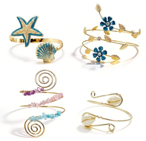 SNAIL GARDEN 4PCS Arm Cuff, Summer Cuff Bracelets for Women, Double Layer Open Arm Jewelry Upper, Adjustable Festival & Beach Gold Cuffs Set