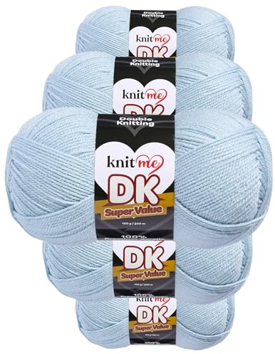 Knit Me Lana DK 5 Ovillos x 100g – Hilo 100% Acrílico para Tejer y Ganchillo, Aguja 3,75-4,5 mm, Ganchillo 4,5-5,5 mm, 1500m, suave, lavable, gorro manta amigurumi bebé, Azul bebé