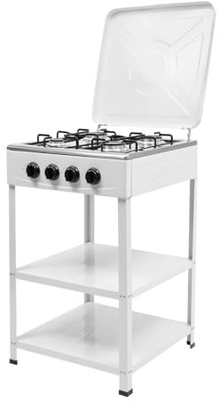 Fornello a Gas 4 Bruciatori, Fornello a Gas Portatile, Fornello da Campeggio, Fornello a Gas Indipendente, Piatto di Cottura con Doppio Armadio, Per Campeggio, Casa, Ristorazione, bianco