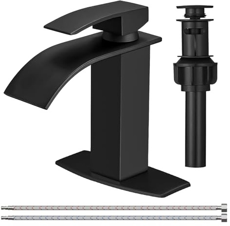 BESy Bathroom Faucet 1 Hole Single Waterfall Vanity Sink Faucet Matte Black