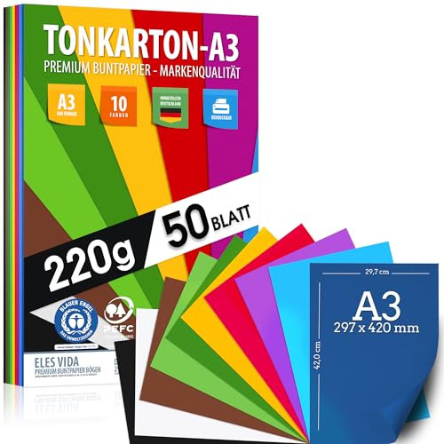 50 Blatt Buntpapier TONKARTON DIN A3 – 220 g Set 10 Farben – Bastelpapier Dick, Farbige Blätter – Pappe für Kinder, DIY Bogen, Cardstock Zubehör - BLAUER ENGEL & PEFC Zertifizierung - MADE IN GERMANY