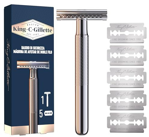King C. Gillette Maquinilla De Afeitar De Doble Filo Para Hombre Con Mango De Metal De Larga Duración Y Revestimiento Antifricción Para Perfilado De Precisión Y Clásico, Con 5 Hojas