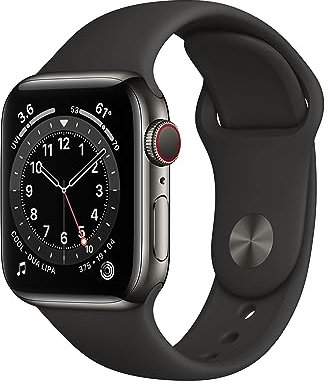 Apple Watch Series 6 (GPS + Cellular, 40 mm) Edelstahlgehäuse Graphit, Sportarmband Schwarz