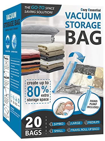 Cozy Essential Vacuum Storage Bags, 80% Compression Vacuum Seal Space Saver Plastic Packaging Bags for Clothes, Blankets, Pillow, Bedding, Comforters, Sealer Clothing Storage,20 Combo