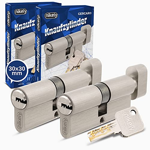 GERCAR Pro Juego de 2 cerraduras cilíndricas de latón niquelado mate 30/30-2x cilindro de cerradura/cerradura de barril 60 mm con botón para puerta - con 10 llaves - Longitud: 60 mm, A: 30 B: 30