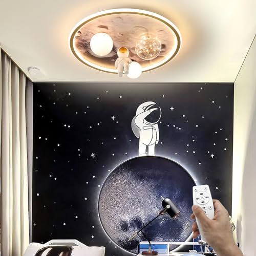 HMAKGG Kinderzimmer Lampe Decke, Astronaut Mond Deckenlampe mit Fernbedienung, 3000K/4000K/6000K, 68W LED Weltall Deckenleuchte Dimmbar für Jungen/Mädchen Schlafzimmer, Ø50cm