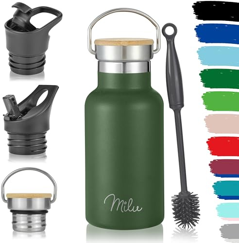 Milu Borraccia in acciaio inox, 350 ml, 500 ml, 750 ml, 1000 ml, con cannuccia, isolata, per bambini, adulti, in viaggio, a prova di perdite (Verde oliva, 350 ml)