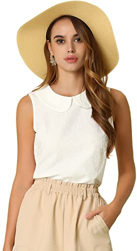 Allegra K Peter Pan Collar Blouse for Women's Casual Jacquard Floral Sleeveless Top X-Large White