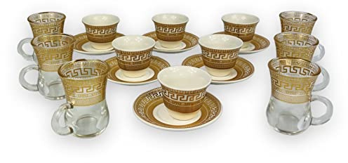 Cinar 18-delars kaffeservis, teservis för 6 personer, Medusa, meander, guld, espressokoppar, mockakoppar och teglas med fat, lyxig, ren, 100 ml, i presentförpackning