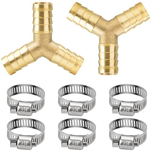 nutmanel 2 Pièces Connecteurs de Tuyaux en Y à 12mm, Tuyau en Laiton té Cannelé, 3 Voies en Forme de Y Raccord de Tuyau avec 6 Piècse Colliers de Serrage de Tuyau