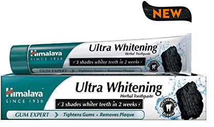 Himalaya Ultra Whitening Pâte Dentifrice - Formule Herbale avec Charbon Actif de Coco et Huile de Graines Noires, Sans Fluor, Végan, Nettoie en Profondeur, Blanchit les Dents de 3 Teintes, 75ml