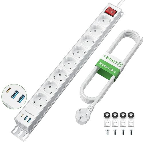 Regleta de 8 enchufes con USB C PD20 W, protección contra sobretensiones, enchufe múltiple de pared con USB, regleta de aluminio con interruptor para oficina industrial, cable de 1,8 m, 16 A/3680 W,