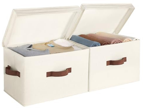 StorageWorks Storage Boxes with Lids, Large Foldable Storage Boxes for Shelves, Decorative Fabric Storage Baskets with Handles for Wardrobe Top Organising Clothes, Ivory White, 2-Pack