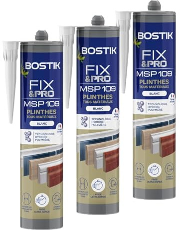 Bostik FIXPRO – Mastic Plinthes Tous Matériaux MSP 109 – Colle de Fixation Plinthes – Intérieur/Extérieur – Mastic Hybride Polymère – Prise Immédiate – Blanc – Cartouche 290 ml (Lot de 3)