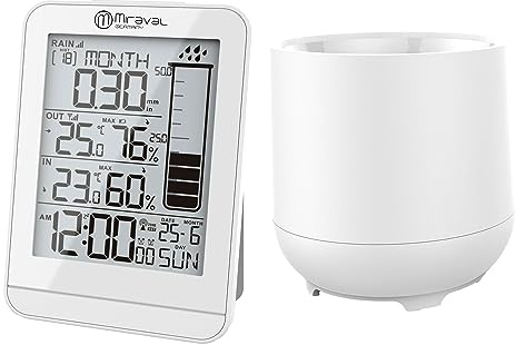 Miraval Design Funk-Wetterstation mit Regenmesser Datumsanzeige LCD-Display Temperaturanzeige Hygrometer Innen- & Außentemperatur (Weiß)