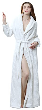 Peignoir extra long pour femme - En microfibre - En velours - Longueur au sol - Avec ceinture - Chemise de nuit élégante - Pyjama d'hiver épais - Chaud - En éponge, Blanc., XL