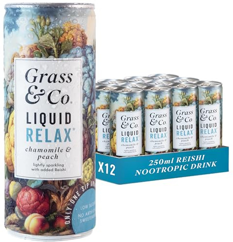 Grass & Co. Nootropics Drinks with Magnesium, Ashwagandha, Vitamin B12, Vitamin B6, Reishi Mushroom & More | Liquid Relax | Chamomile & Peach | Lightly Sparkling | Vegan | 12 x 250ml Cans