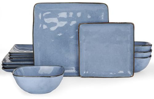 Richmount Ocean Service de table en faïence pour 4 personnes, 12 pièces, set d'assiettes carrées, service combiné avec vernis réactif, service de table résistant aux rayures, bleu