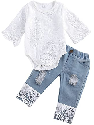 LYSINK Newborn Baby Girl Clothes Set Lace Hollow Out Long Sleeve Romper + Ripped Patchwork Jeans Infant Cute 2Pcs Outfits (Ba White, 3-6 Months)