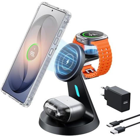JoyGeek Cargador Inalámbrico Magnético 3 en 1 para Samsung, Estación de Carga para Galaxy S26/S25/S24/S23/Z Flip/Z Fold, Cargador por Inducción para Galaxy Watch 8/Ultra/7/6/5 y Galaxy Buds 4/3 Pro