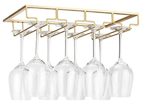 FOMANSH Wine Glass Rack Under Cabinet - Stemware Holder Metal Wine Glass Organizer Glasses Storage Hanger for Bar Kitchen Gold 4 Rows