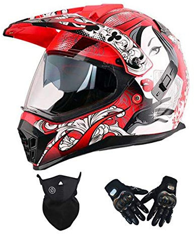 Casco da Motocross Donna Rosso, Doppia Visiera, Casco Moto Cross con Guanti Maschera, Casco Moto Enduro Offroad Casco Integrale da Discesa MTB Quad MX ATV Downhill Motorino Scooter,L