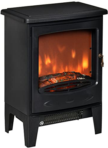 HOMCOM Camino Elettrico da Terra con Effetto Fiamma, Temperatura Regolabile 900W-1800W, Copertura 15-20m², 39x26x54.8cm, Nero