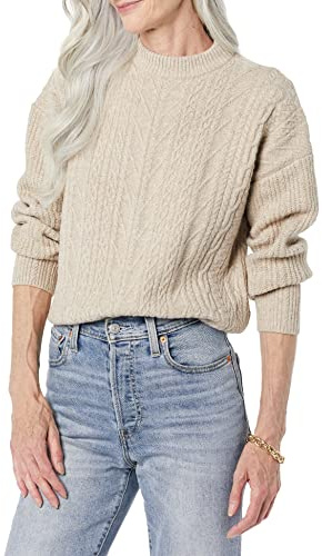 Amazon Essentials Women's Cable Knit Sweater, Soft-Touch Modern Crewneck, Tan Heather, Medium, Plus Size Available