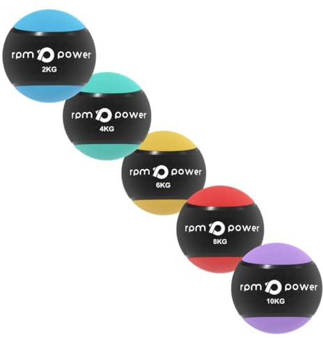 RPM Power Medicinbollar – gummimedicin väggboll med halkfritt grepp för smällning, kastning, studsning, tyngdlyftning, korsspänning, plyometri (fullt set (2 – 10 kg), flerfärgad)