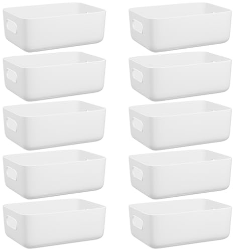 W&H 10 PCS White Plastic Storage Boxes with Handle, Small Plastic Storage Baskets for Shelves, Cupboard Organizer for Bathroom, Drawer, Kitchen - 8.2×5.5×2.7 Inch
