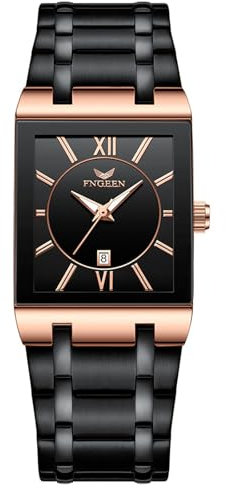 JewelryWe Men Square Tank Watch: Black Analog Quartz Luminous Hands Stainless Steel Band Business Elegant Date Rectangular Multifunction Wristwatch