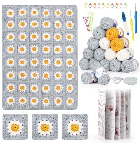 Reessy Kits de ganchillo para adultos principiantes, kit de manta de ganchillo con libro de instrucciones de ganchillo, bolas de hilo para adultos para aprender a tejer margaritas cuadradas