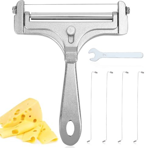 Gosknor 6pcs Kit de Coupe-Fromage en Acier Inoxydable Coupe-Fromage en Fil avec 4 Fils Supplémentaires et Clé Trancheuse à Fromage Portative Coupe-Beurre pour Fromage en Bloc Beurre (Argent Givré)