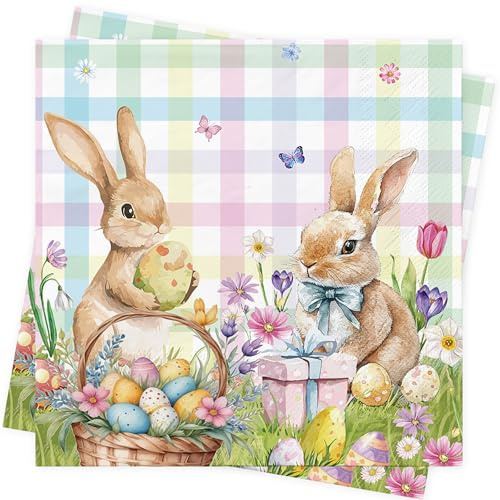 Lot de 80 serviettes en papier pour décoration de table de Pâques, motif lapin de Pâques, décoration d'intérieur - 33 x 33 cm