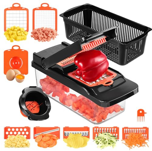 Faankiton Tagliaverdure da Cucina Multifunzione Taglia Verdure Cubetti, Affettatrice Mandolina per Verdure Manuale, Mandolini da Cucina, Affetta Verdure Manuale, Tritatutto per Verdure (14 in 1)
