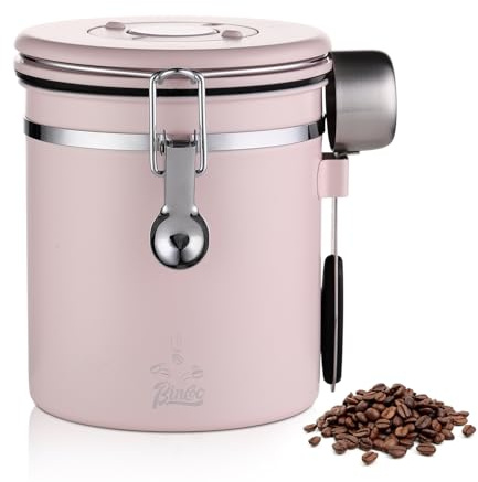 Bincoo Pink Coffee Canister, Large Stainless Steel Coffee Bean Storage Container with Date Tracker (1500ML)