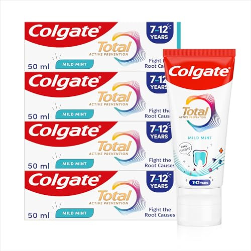 Colgate Total Kids Toothpaste 7-12 Years, 4x50ml / Mild Mint Toothpaste for New Permanent Teeth with 24-Hour Active Protection*, Suitable for Braces