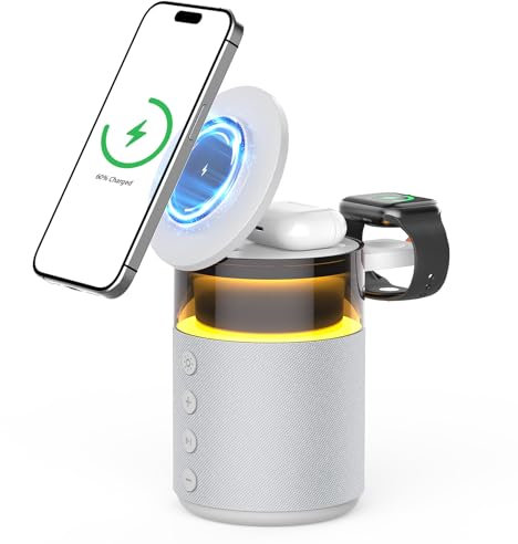 Altavoz Bluetooth 3 en 1 con luz Nocturna y Cargador inalámbrico, Compatible con iPhone 17/16/15/14/13/12 Pro MAX, Apple Watch y Auriculares con Carga inalámbrica, Viene con un Adaptador de 33W