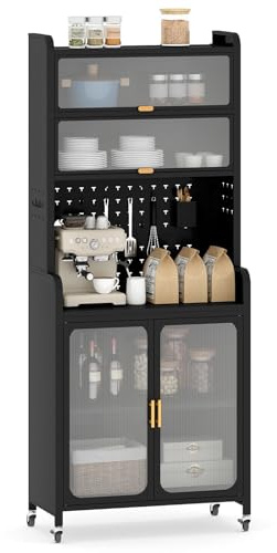 COSTWAY Armoire Cuisine, Meuble Bar en Métal 192 CM, Grand Plan de Travail, Étagère Réglable, Panneau Perforé & roulettes, Buffet pour Salle à Manger, Salon, Noir