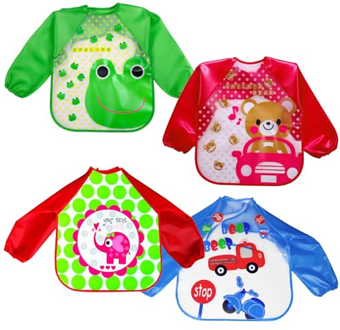 Homshsjhkis 4 Stück Lätzchen Baby mit Ärmeln, Fütterlätzchen Babylätzchen Lange Ärmeln, Abwaschbar Ganzkörper Ärmellätzchen, Wasserdicht Weiche Einfache Reinigung für Babys Kleinkinder Jungen Mädchen