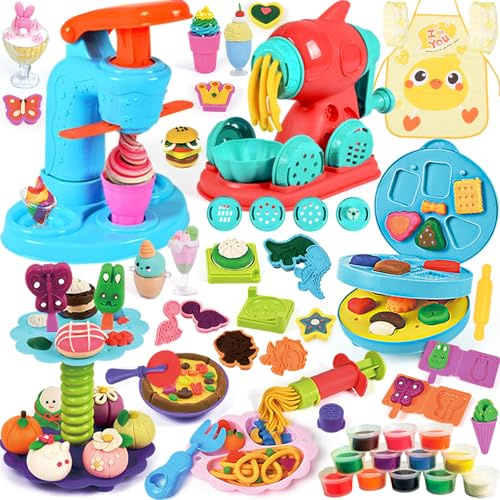 ZUSUZU Pâte à Modeler pour Enfants,Accessoires en Pâte à Modeler,Machine à Glace+Machine à Pâtes+Machine à Burger,avec 24 Pots de Pate a Modeler,avec Tablier et Manches,pour 3+ Ans Enfants