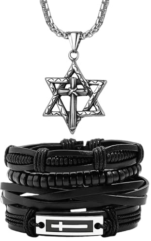 JewelryWe Ensemble Collier et Bracelets Homme: Pendentif Acier Inoxydable Étoile de David et Croix avec Bracelet Cuir Multirang Ajustable Style Biker et Religieux, Cadeau Anniversaire