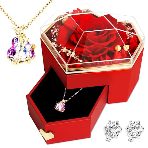 Rosa Eterna, Regalo Fatto a Mano Con Vera Rosa Eterna Per la Sua Donna, Confezione Regalo Fiori Stabilizzata Regalo con Collana Cuore e Orecchini a Perno, Natale San Valentino per Fidanzata, Moglie