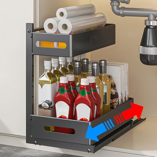 HABITELLO Organizador Cocina Bajo Fregadero Extraíble de Metal, Organización Puerta Cocina Estrecho con Instalación Sin Taladro, Rodamientos de Acero Silenciosos para de Armario y Baño (Negro)
